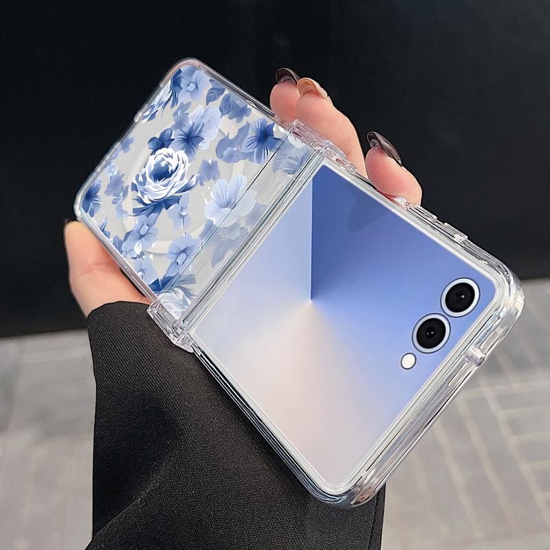 For Samsung Z Flip 7 6 5 4 Case Magnetic For Magsafe Blue and White Flowers Hinged Hard PC Folding Cover For Galaxy Z Flip7 Flip6 Flip5