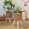 Rattan Indoor Plant Stand Straw Woven Flowers Pots Holder Stool With Legs Floor Planter Baskets Rack Wood Plant Shelf