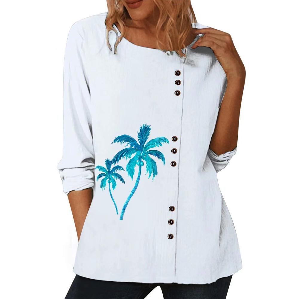 Elegant White Cotton Top with Multiple Printed Designs for Ladies, Round Neck, and Long Sleeves