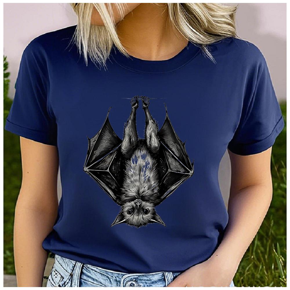 Womens Cotton  Animal Bat Print Tshirt Loose Round Neck Casual Short Sleeve Fashion Top  Clothing Summer