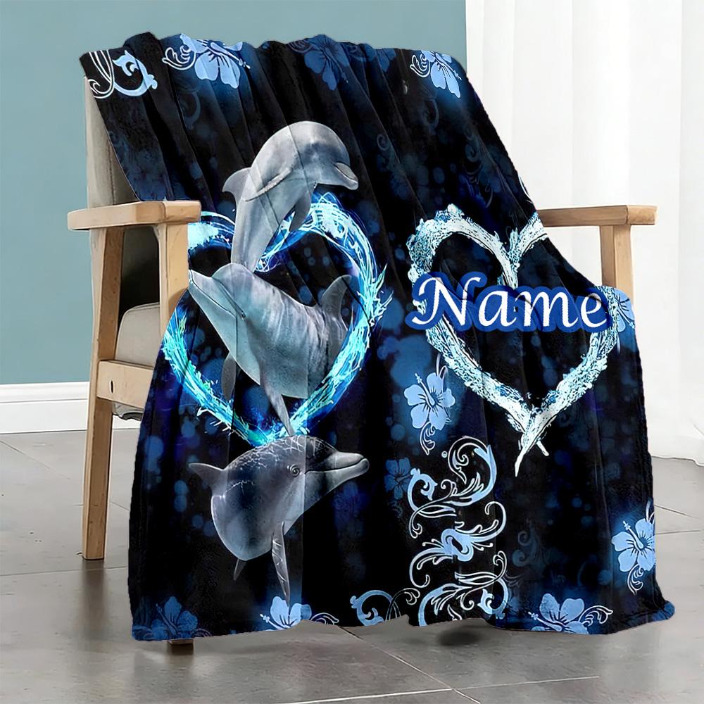 Love Dolphins Customize Text Blanket Gift Customizable Blanket Durable Comfort Great for Office Chair Seaside Chair Livingroom