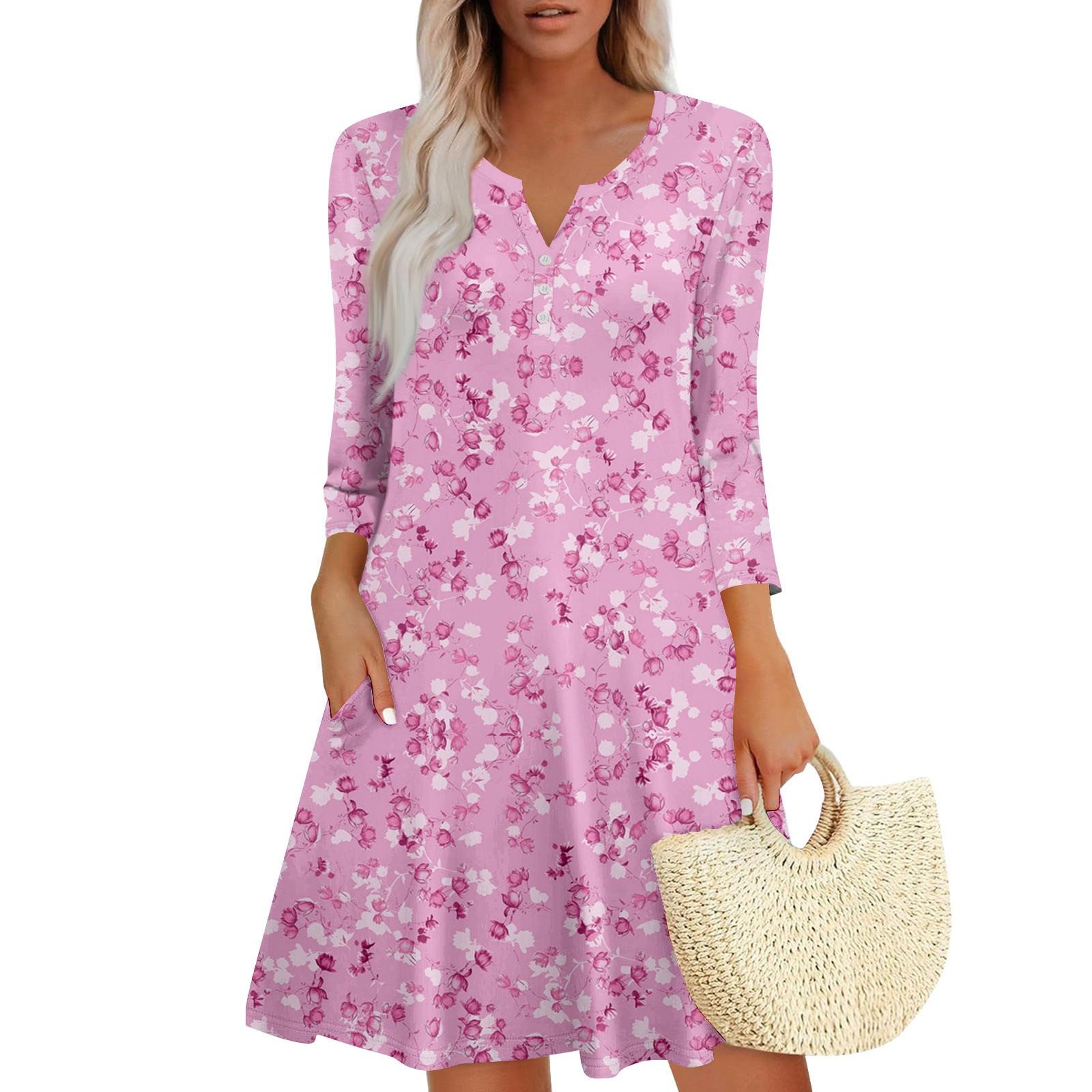 

Жіноча літня сукня вільного крою з V-подібним вирізом та рукавом три чверті, сукня-сарафан з кишенями XL рожевий