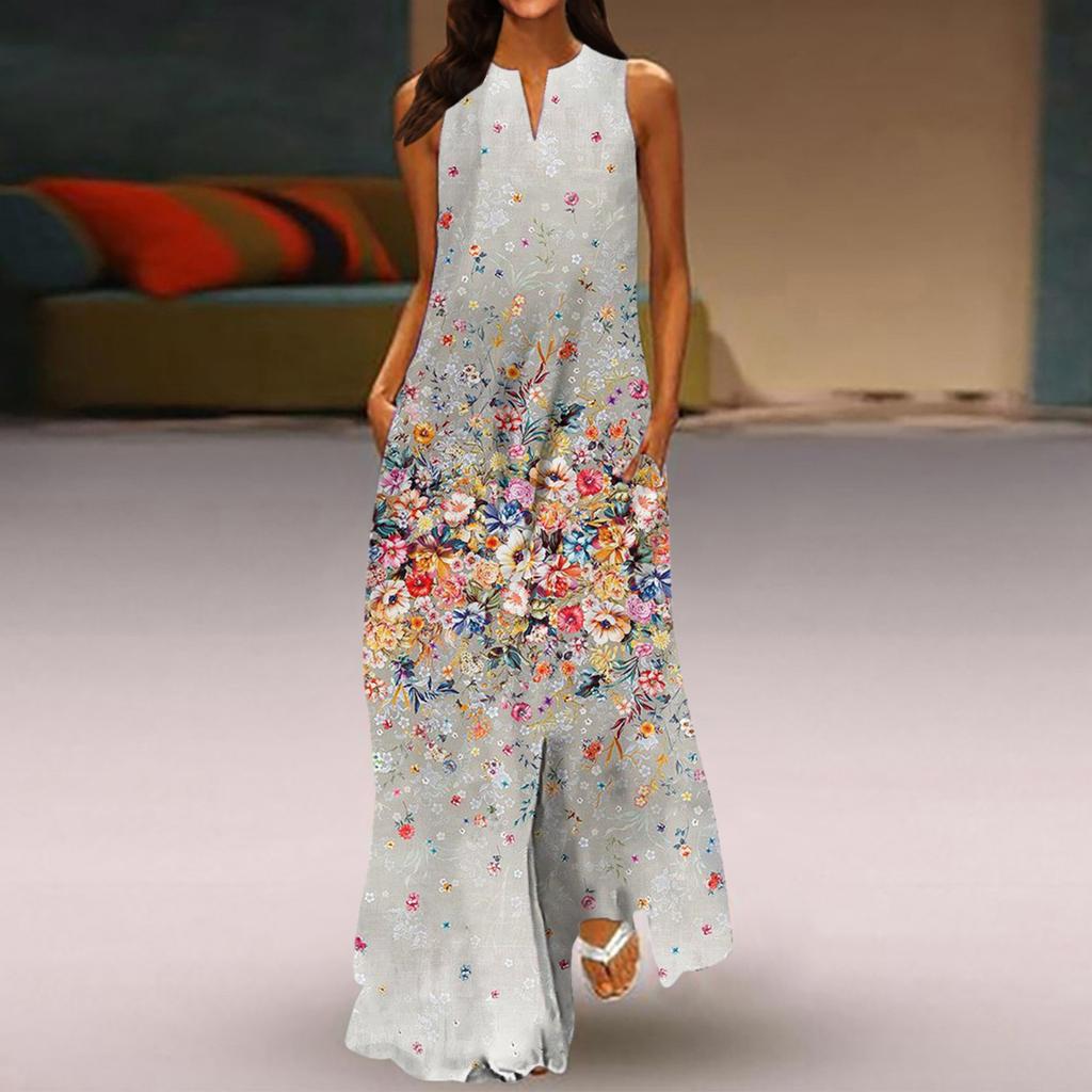 Women's New Spring And Summer Fashion Classic V-neck Color Printing Sleeveless Long Dress