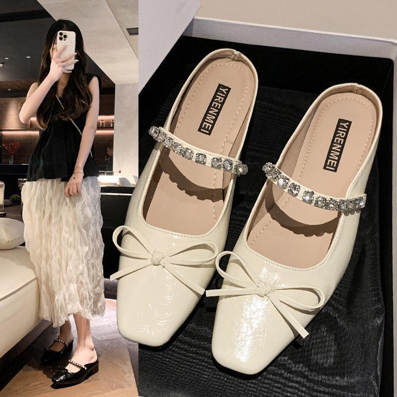 Mary Jane shoes women's spring and summer 2025 new French bow rhinestone square head sandals bag head thick heel slippers women
