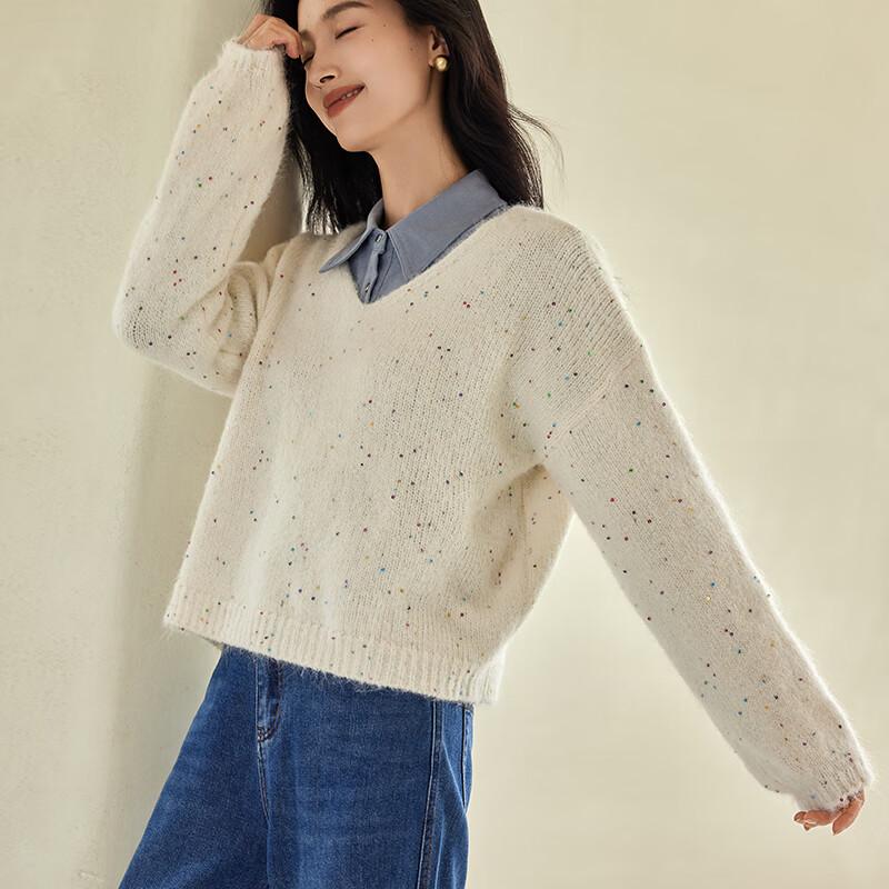 

VICTORIA&VERA Women s V-Neck Sequin Polka Dot Knit Sweater L