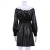 Peter Pan Collar Patchwork PU Leather Black Dress Women Elegant Pleated Elastic Waist Short Dresses Autumn Winter New Punk