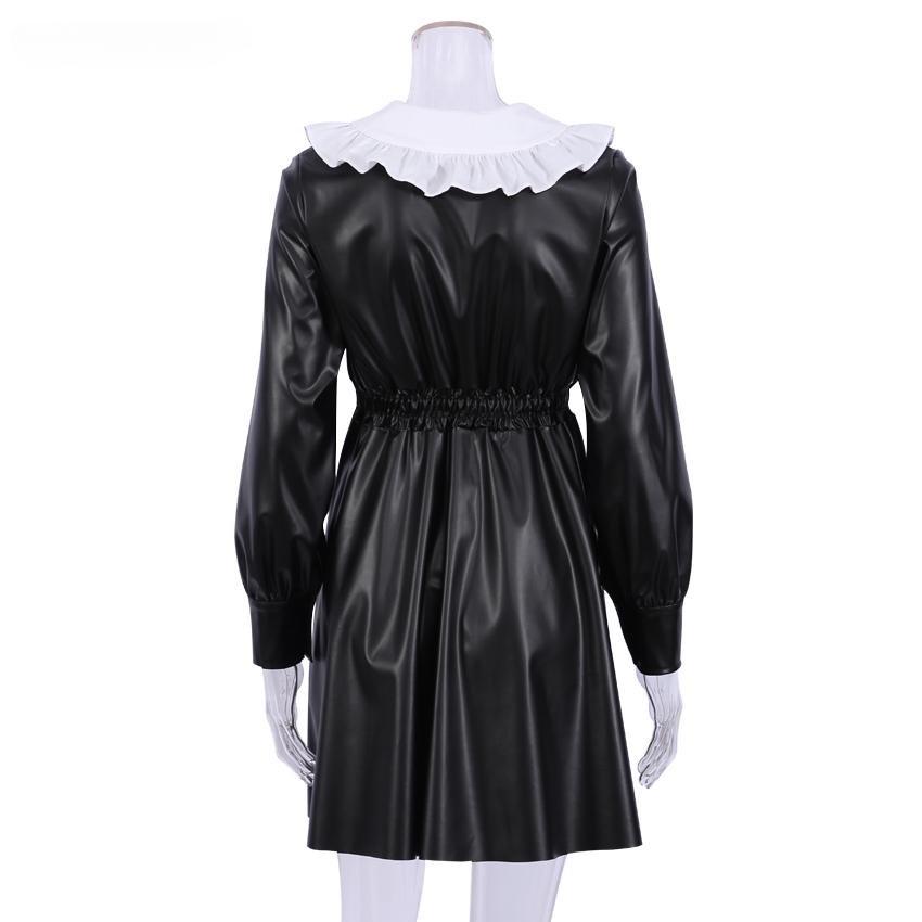 Peter Pan Collar Patchwork PU Leather Black Dress Women Elegant Pleated Elastic Waist Short Dresses Autumn Winter New Punk