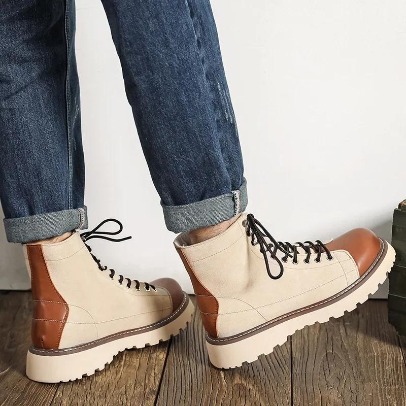 Fashion Mid-british Desert Boots for Men Color Match Autumn Winter Designer Cow Leather Platform Shoes Male Fashion Casual Ankle Boots