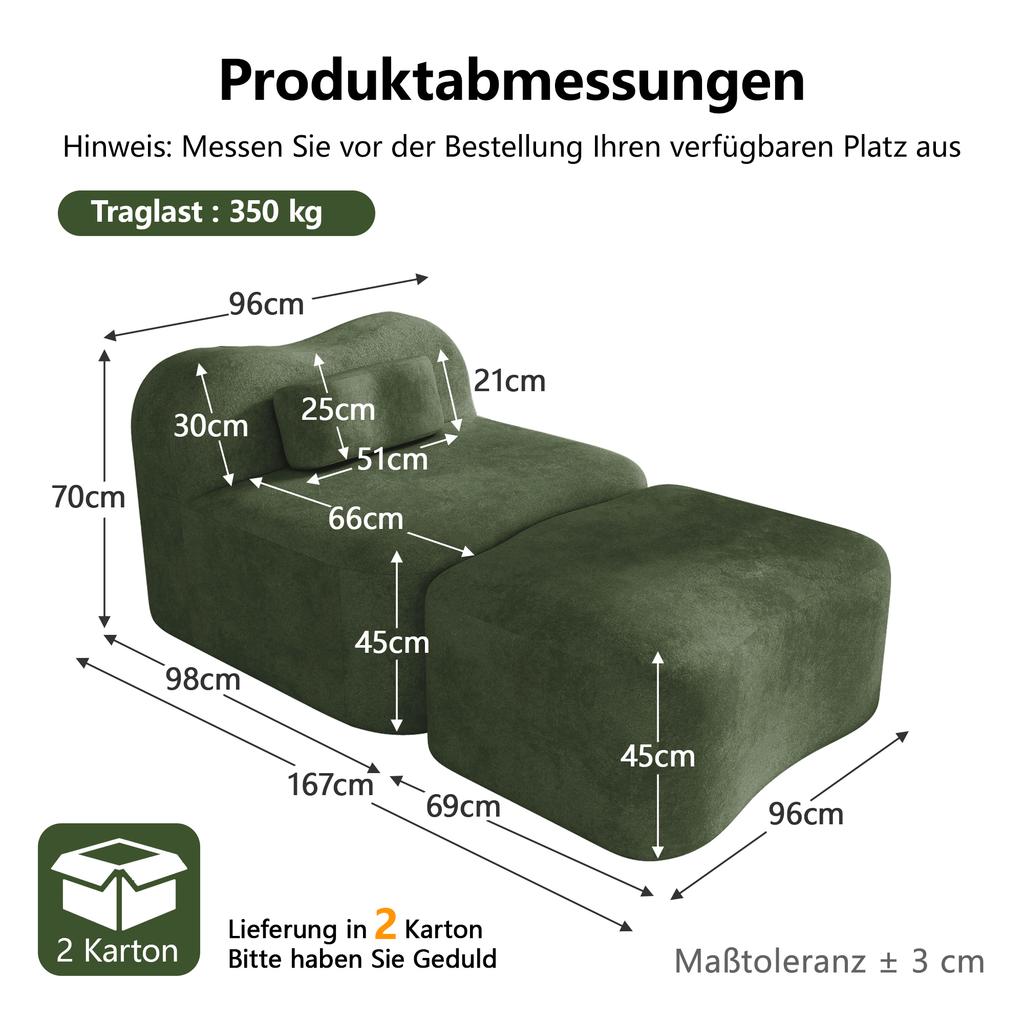 Modular Frameless Sofa with Ottoman, Wave Design, 32D Foam Filling, Movable Back Cushion, Soft Fabric, for Apartment, Living Room and Bedroom, Green