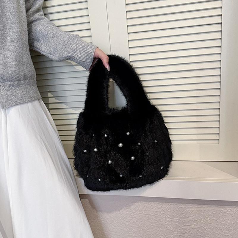 Retro Plush Striped Handbag Texture Pearl Faux Fur Bucket Shoulder Bag Fashion Versatile Large Capacity Tote Bag for Women