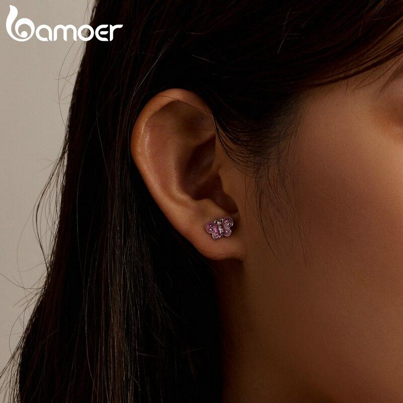 BAMOER Authentic 925 Sterling Silver Pink Butterfly Ear Studs Plated Plarinum Piercing Stud Earrings for Women Fine Jewelry Gift