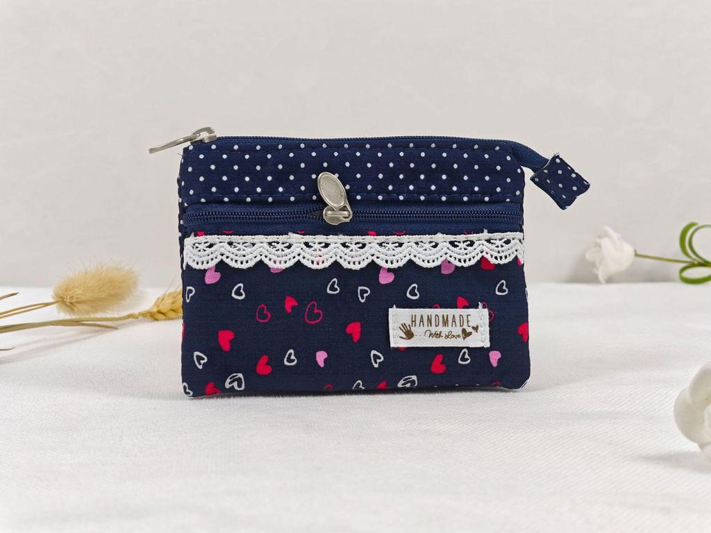 Handmade Countryside Fabric Double Zipper Coin Purse & Key Holder for Women