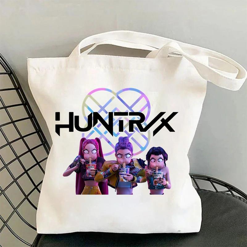 New Kpop Demon Hunters Black White Canvas Bag Saja Boys Anime Print Tote Bag Girls Trendy Lightweight Shoulder Bag