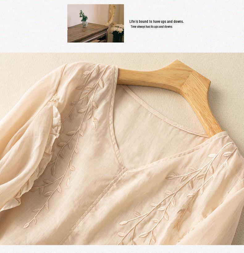 Women's Retro Embroidered Cotton & Linen Top - Loose Fit, Versatile, 2024 Summer Collection