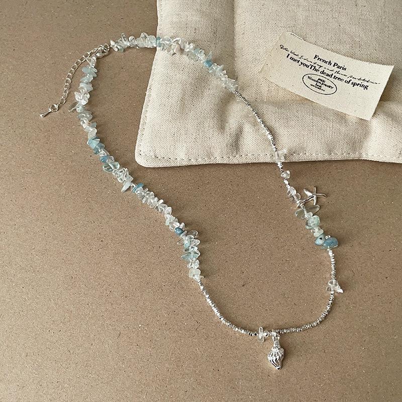 Women's Stylish Irregular Crystal Natural Stone Star Trumpet Shell Beaded Necklace Shiny Silver Water Wave Chain Choker