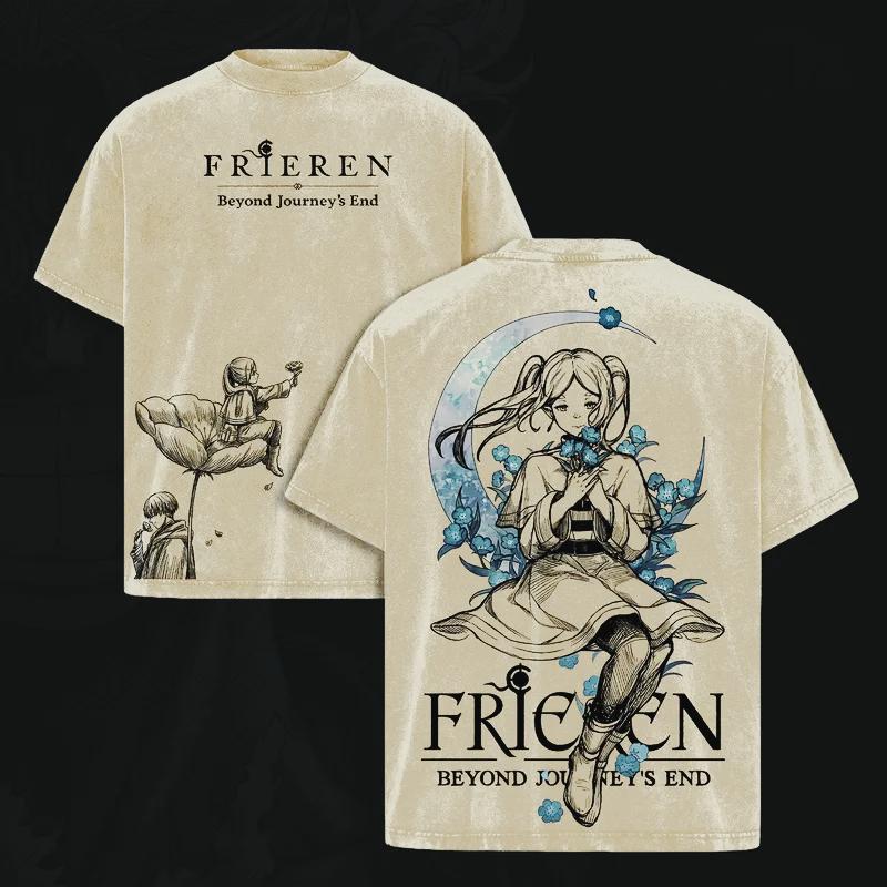 

2026 Anime Frieren Beyond Journey s End T-shirt Vintage Washed Oversized T Shirt Men s Clothing Short Sleeve Cotton Tee Tops XXL бежевий