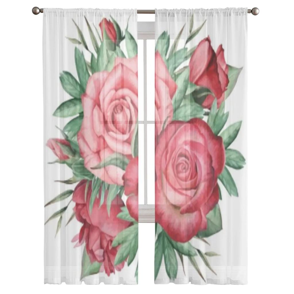 Rose Flower and Leaves Tulle Window Curtains for Living Room Yarn Sheer Voile Curtain for Bedroom Kitchen Drape Decor