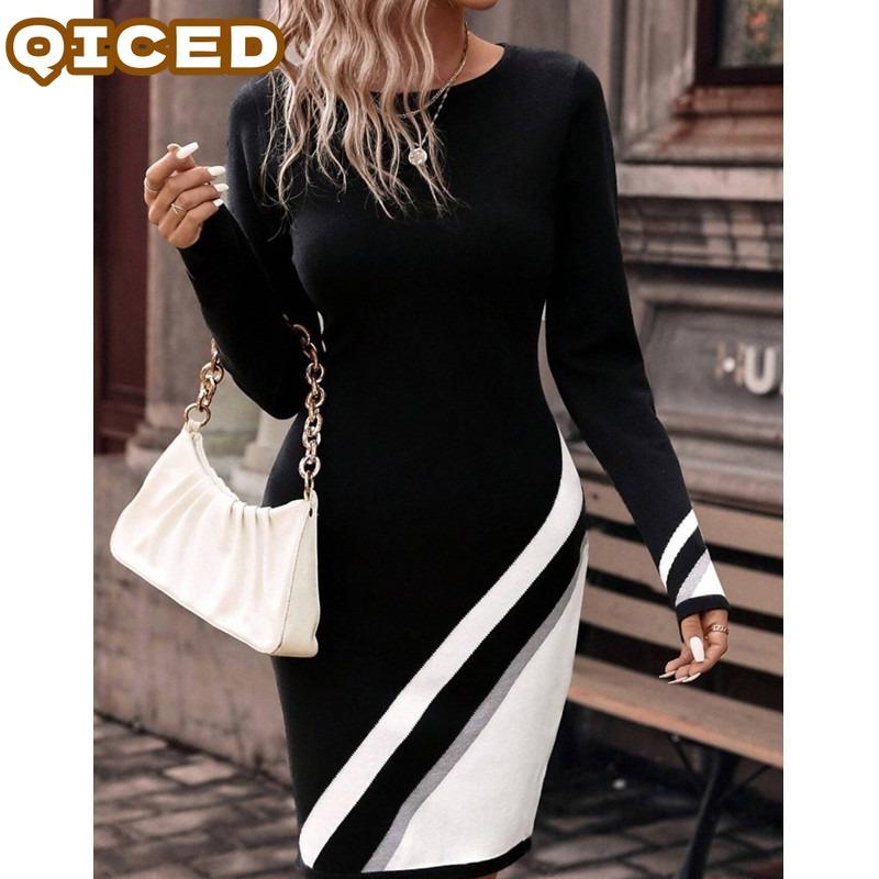 QICED Fashion Autumn Winter Long Sleeve O-Neck Casual Dresses