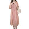 2025 summer new waist and thin temperament suit skirt high-end heavy industry hollow embroidery pink dress women