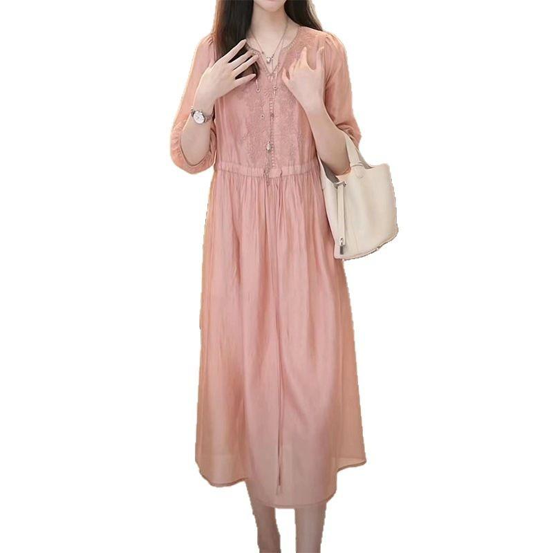 2025 summer new waist and thin temperament suit skirt high-end heavy industry hollow embroidery pink dress women