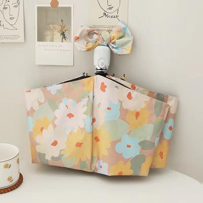 Tri-fold Sun Umbrella Small Daisy Windproof Solid Wood Handle Vinyl Parasol Fixed Umbrella