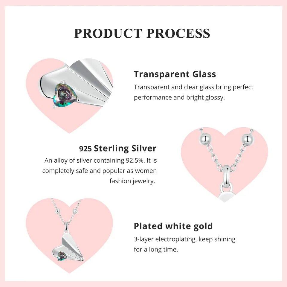 BAMOER 925 Sterling Silver Heart Origami Paper Airplane Necklace, White Gold Plated Simple Triangle Paper Airplane Necklace for Women Couple