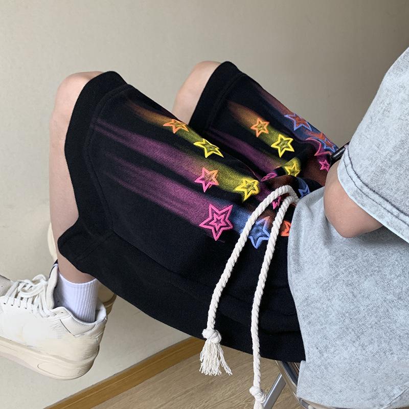 

2024 летние модные однотонные спортивные шорты в американском стиле ретро со звездами, свободные повседневные универсальные баскетбольные шорты большого размера M чёрный