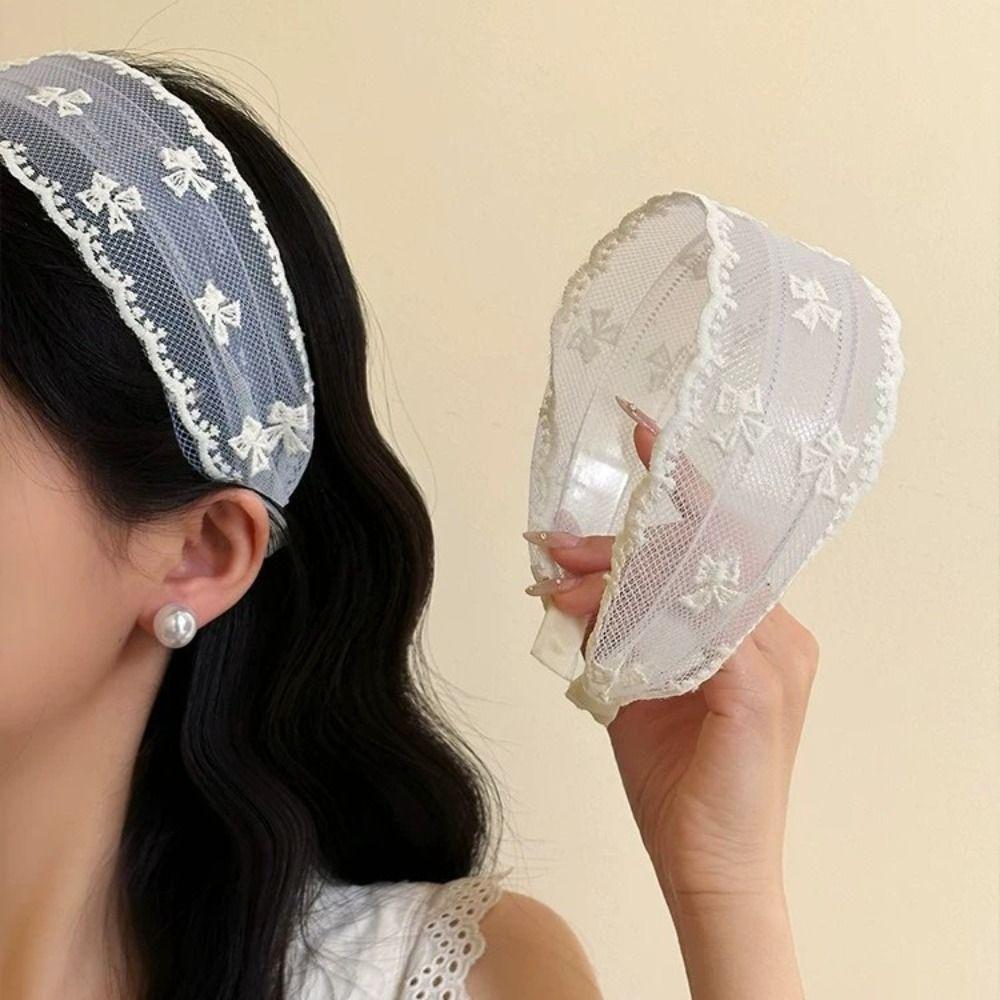 Bowknot Embroidery Lace Headband Wide Edges Mesh Hair Hoop All-match Bow Hair Band Girls