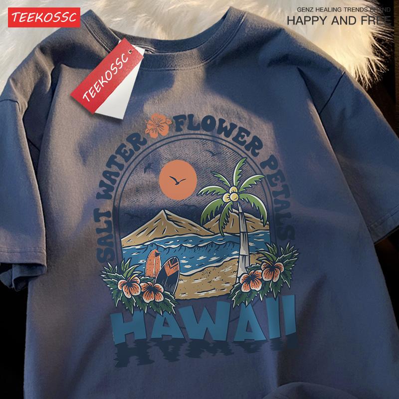 Salt Water Flower Petals Hawaii Clothes Men Women Harajuku Summer Tshirt Cartoon Cotton T-Shirt Fashion Breathable Couple Tops