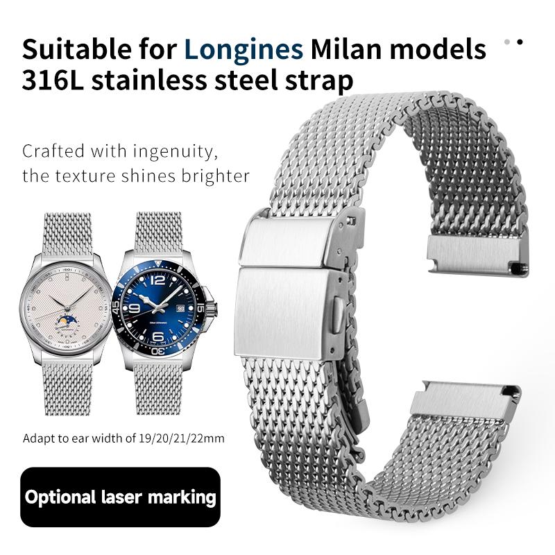 Correa de Reloj de Acero Inoxidable Malla Milanesa 19/20/21/22mm Pulsera Para Correa Longines Plana Para Hydroconquest Master Collection