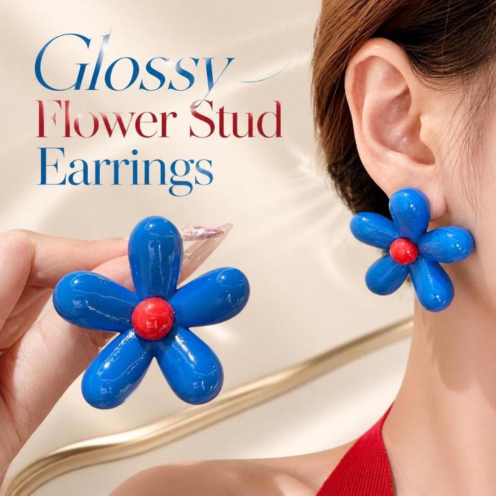 Oversized Resin Flower Earrings Glossy Asymmetry Earrings Trendy Flower Stud Earrings  Women Girls
