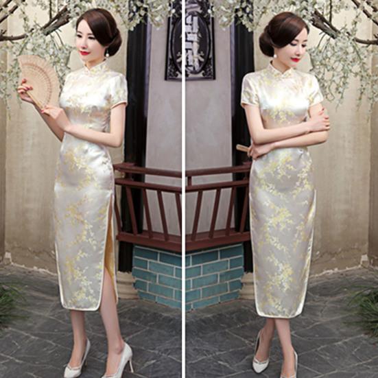 Lady Petticoats Plus Size Cheongsam Chinese Style Vintage Satin Exquisite Summer Qipao for Stage Show