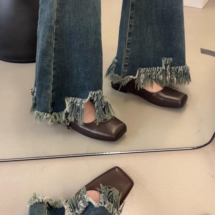 Square head shallow mouth single shoes women's spring new temperament soft flat Mary Jane shoes