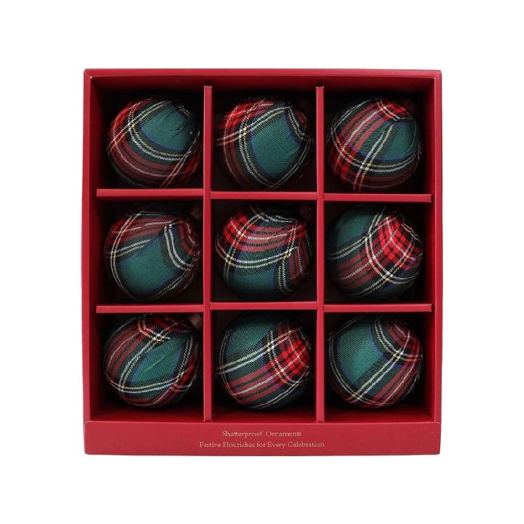 9 Pieces Christmas Ball Ornament, Checked Fabric Wrapped Baubles Holiday Tree Decoration Set for Wreath and Mantel Display