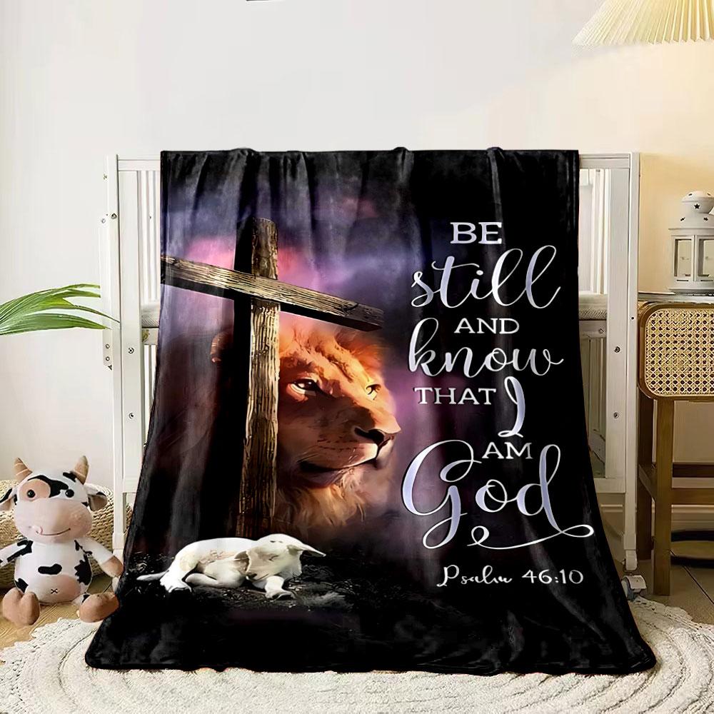 

A wooden cross, a resting lamb, and Psalm 46:10 text with glowing hues. for all seasons blanket lunch break throw gift 80cm x 120cm