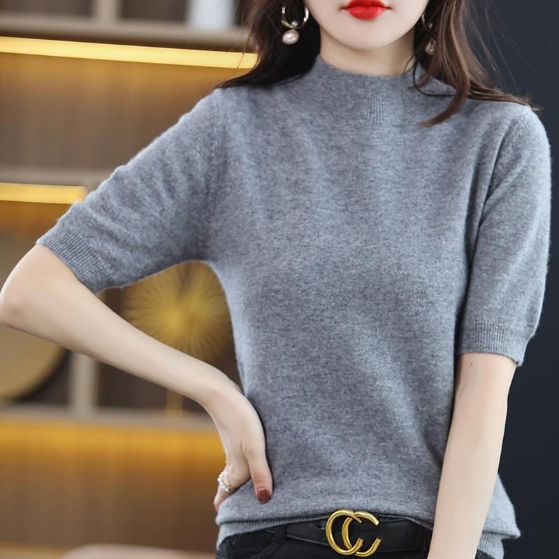 Women's Spring and Fall Half-high Neck Mid-sleeved Bottoming Shirt Knitted Five-minute Sleeve Thin Temperament Sweater