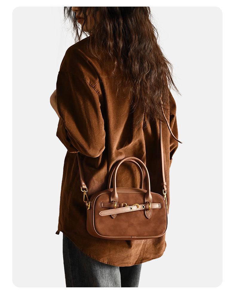 Exklusiv Retro Boston Bowling Handväska i Äkta Läder - Snygg Axelremsväska & Pendlarväska för Kvinnor