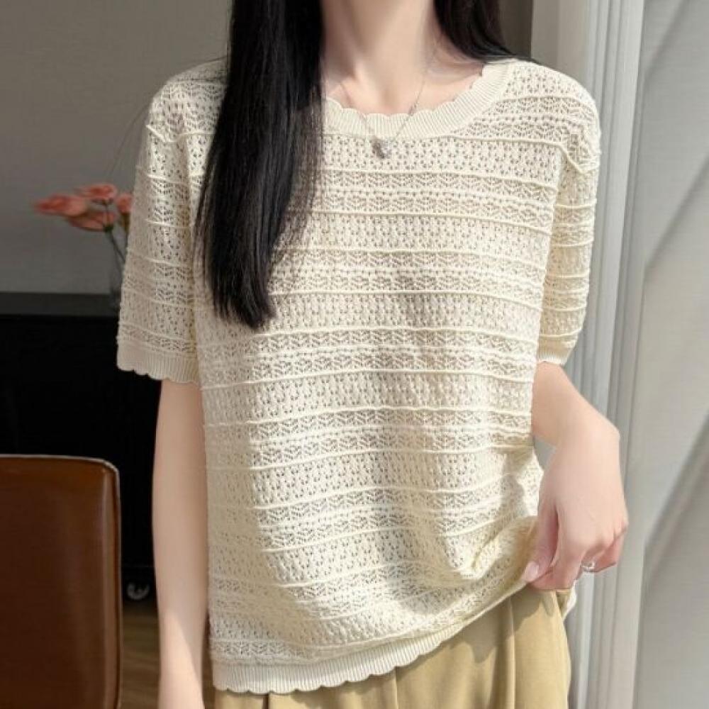 Navava Women Cool Daily Punching PaTTern Wave ShorT Sleeve KniT T shirT Nk3704