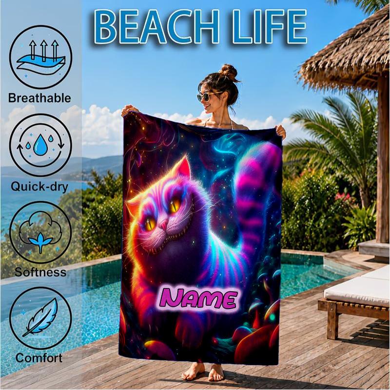 Custom Name che-shire cat Beach Towel Microfiber Beach Towel, Lightweight and Quick-Dry, for Summer Travel, Swimming Pool Gift