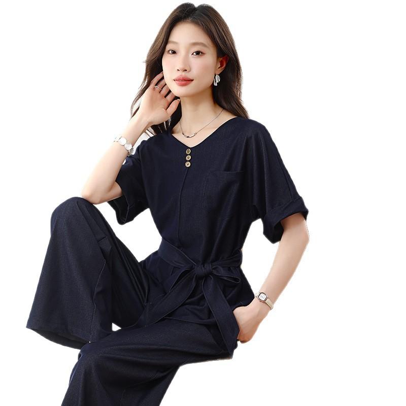 Simple Casual Relaxation Suit Women's Summer New Commuter Temperament Waist Shirt Wide Leg Pants Two-piece Set