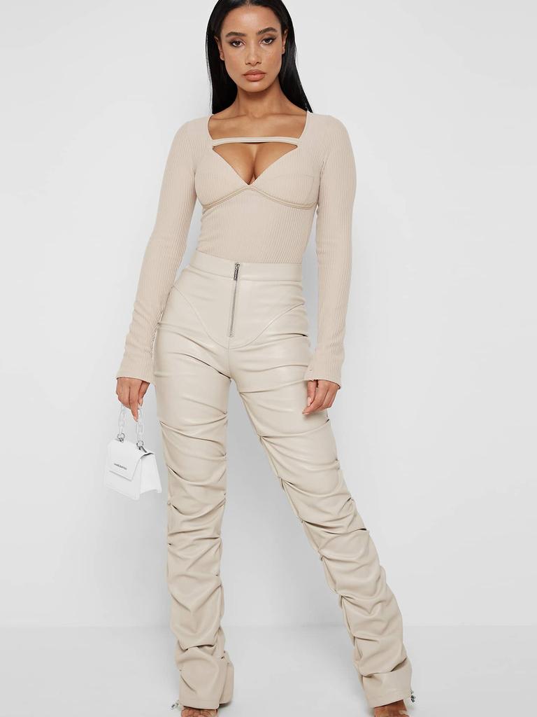 Damen Mode Schlank Geschnittene PU-Leder Lange Hosen, Persönlichkeit Faltbare Micro-Saum Hosen für Damen, Neue Saison