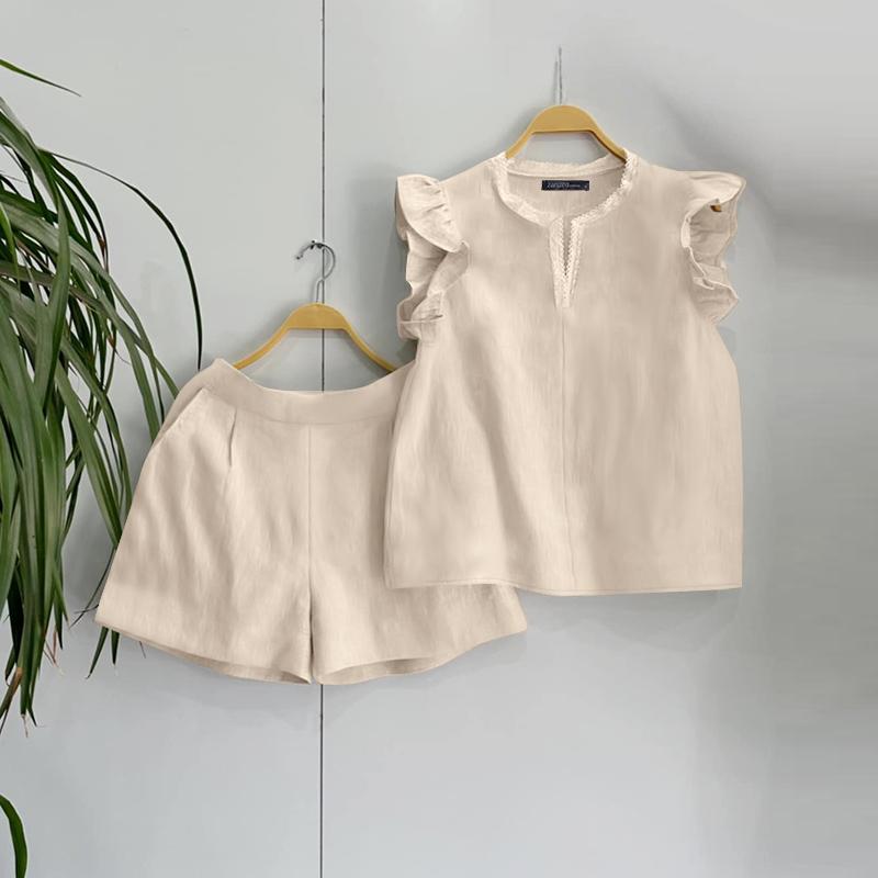 

ZANZEA Женские летние комплекты с V-образным вырезом, коротким рукавом, кружевным жилетом и шортами 5XL бежевый