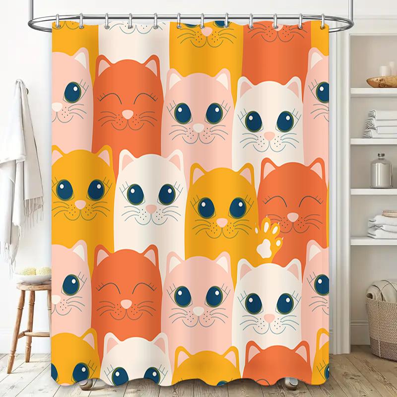 Cute Cartoon Cat Shower Curtain Waterproof Bathroom Decor