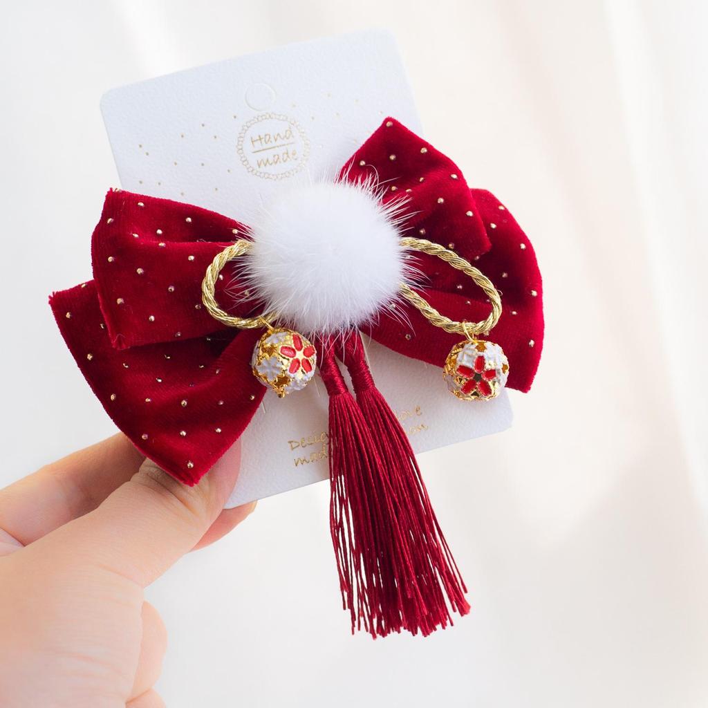 Little Girl Burgundy Bow Tang Suit New Year Hair Clip