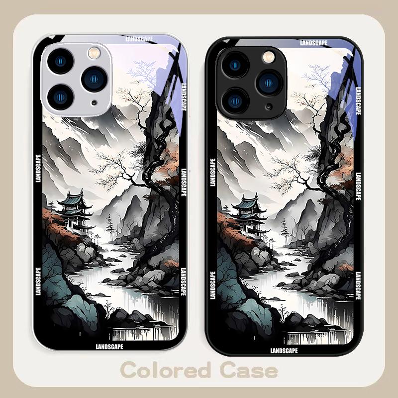 Chinese Landscape Painting For Iphone 16 Plus 15 14 13 12 Mini 11 Pro Max X XS XR 7 8 Plus 2022 Tempered Glass Phone Case