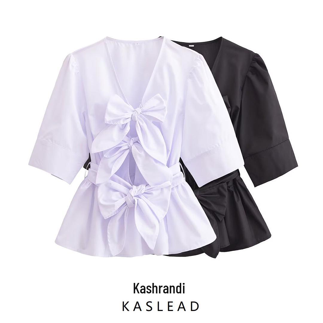 

2025 Spring Women s Fashion V-Neck Tie-Up Lantern Sleeve Shirt in Two Colors L чорний