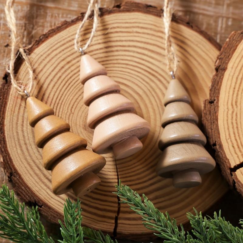 Set of 3 Christmas Tree Hanging Decoration, Natural Wood Pendant with Hanging Rope for Entryways, Rooms, Parties, and Seasonal Display