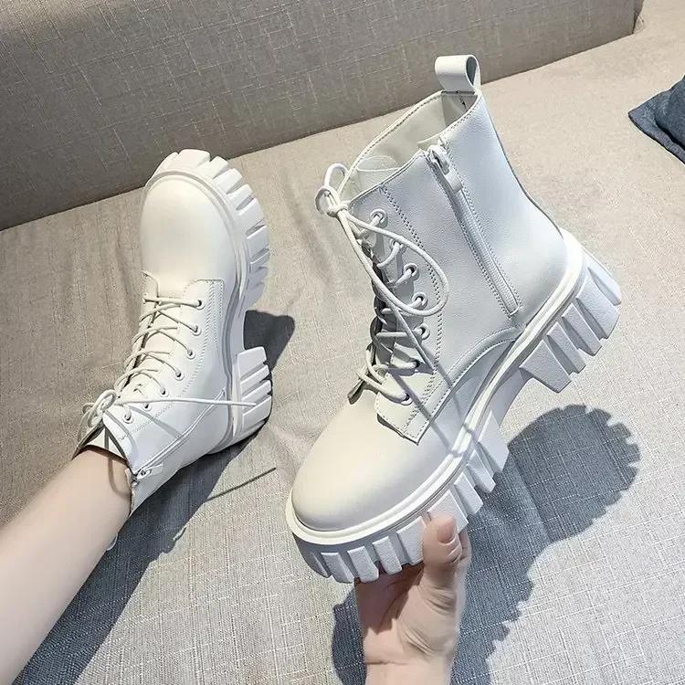 Platform Ankle Boots Women Autumn Winter PU Leather Combat Booties Punk Thick Bottom Motorcycle Boots Side Zip Work Botas Mujer