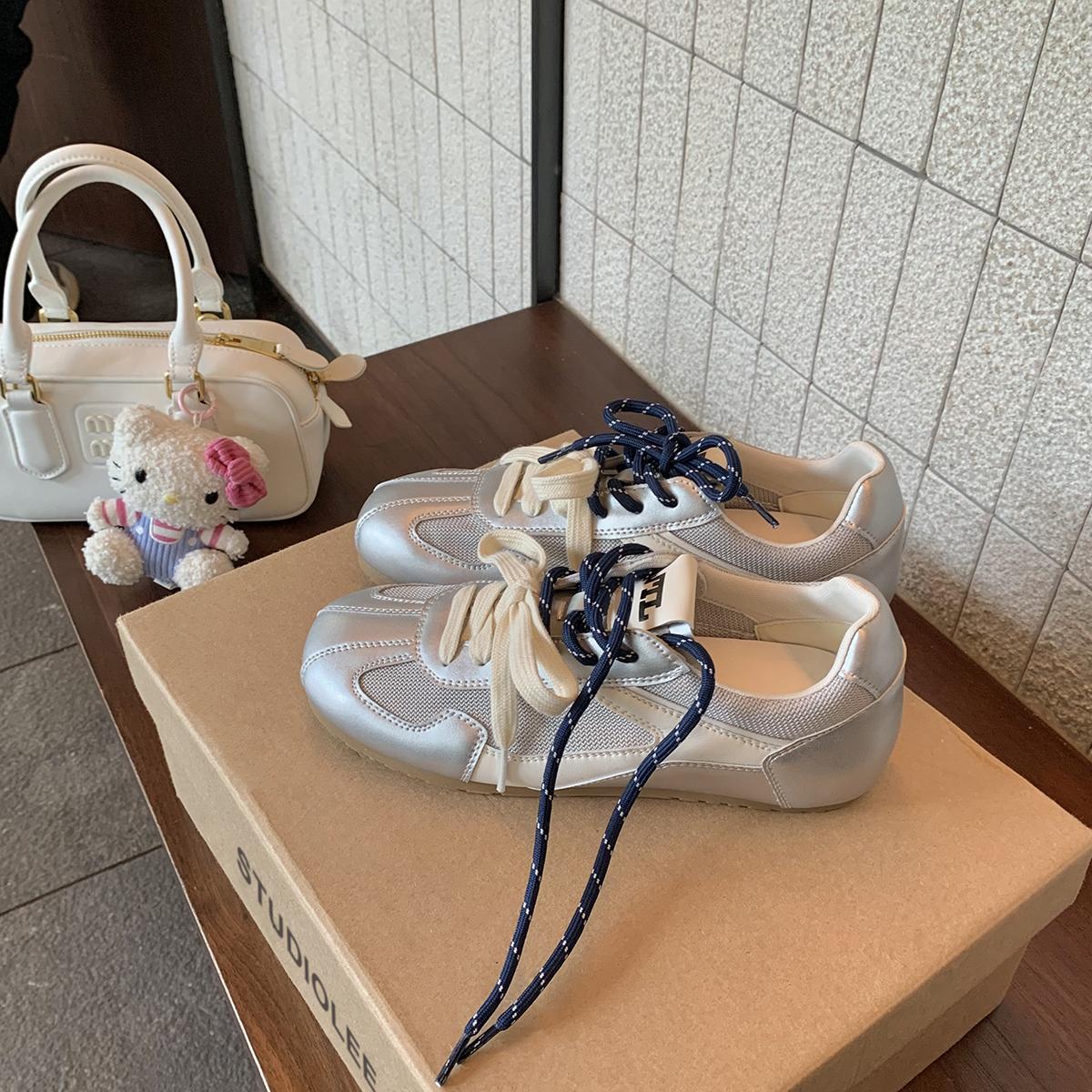 

Синий шкафчик, увеличение внутренней высоты~ 2025 весна и лето новые ретро шнурки с мандаринками сетка универсальные повседневные морально-волевые тренировочные туфли женские 40 серебряный