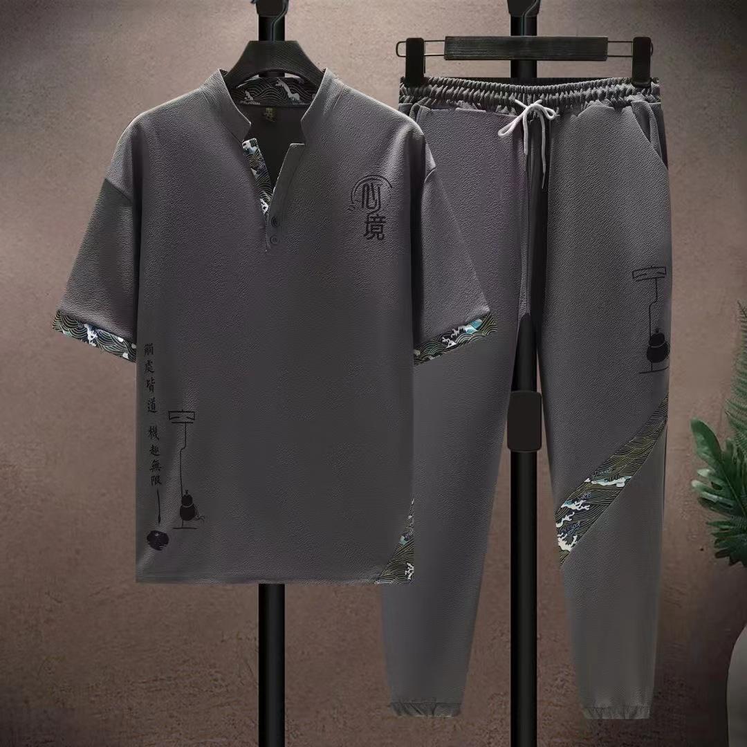 

Летний мужской китайский ретро-стиль Ice Silk Cool свободный комплект с короткими рукавами, длинные брюки, повседневный спортивный модный комплект из двух предметов XXXL серый